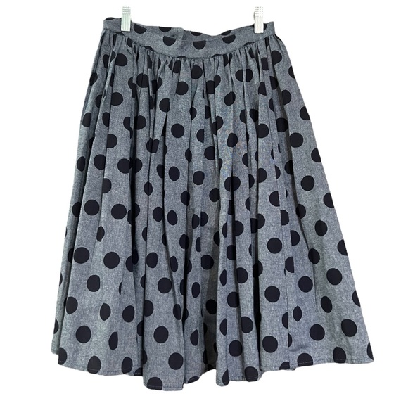 Modcloth Navy Blue Chambray Polka Dot Pleated Flare 50's Skirt EUC Sz S - Picture 2 of 11